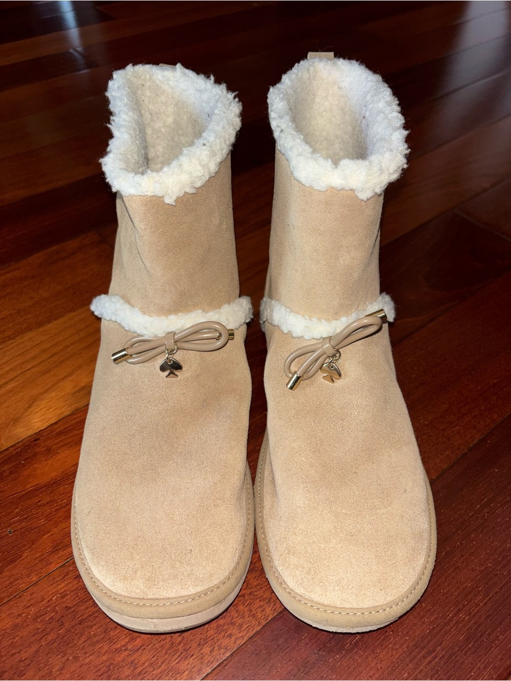 kate spade Tan Suede Shearling-Lined Ankle Boots with Bow Accent